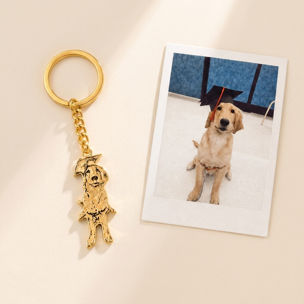 Custom Pet Keychain hero photo - gold pet silhouette keychain with reference photo on cream background Anthology Jewelry