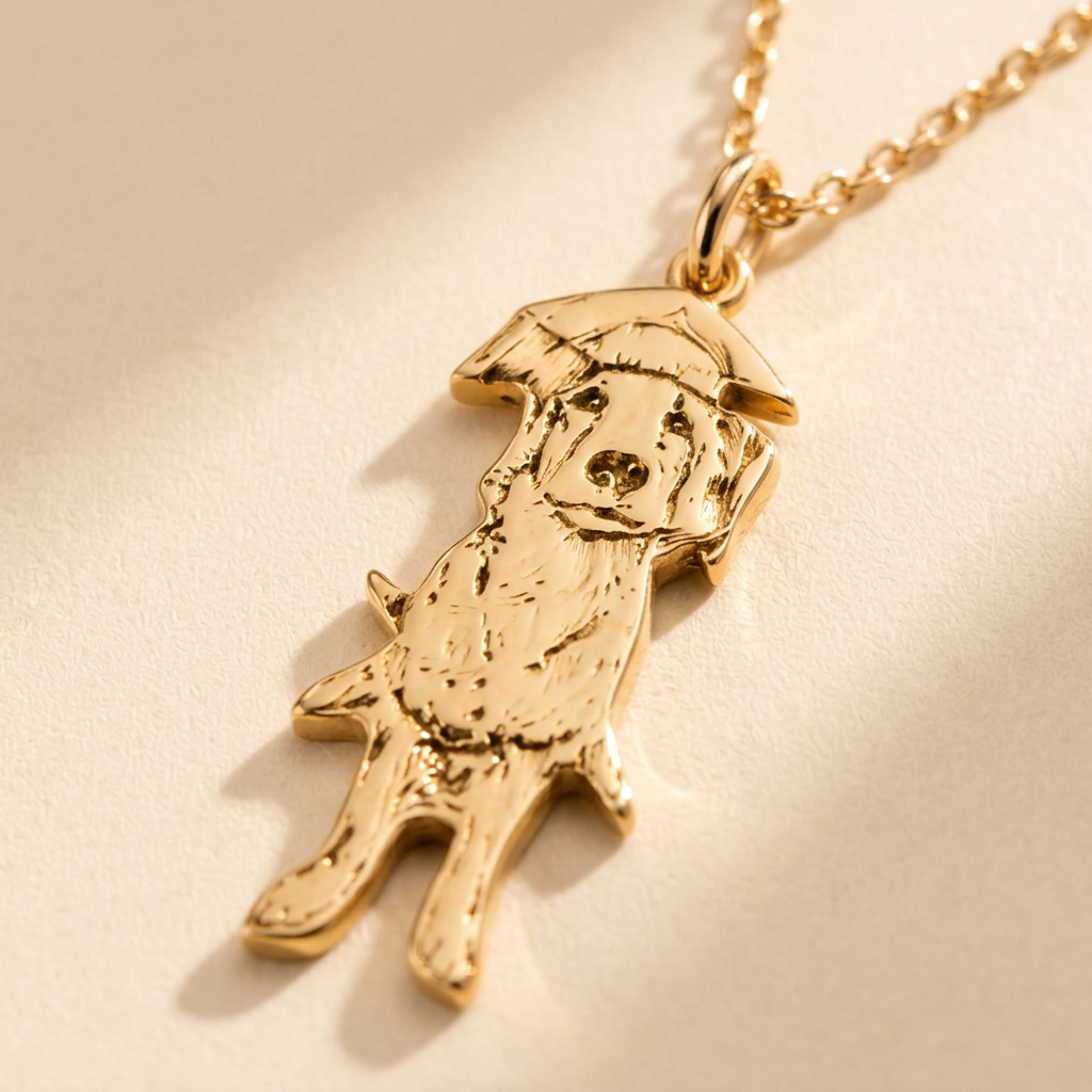 Custom Pet Necklace detail photo - close-up of engraved gold pet silhouette charm Anthology Jewelry