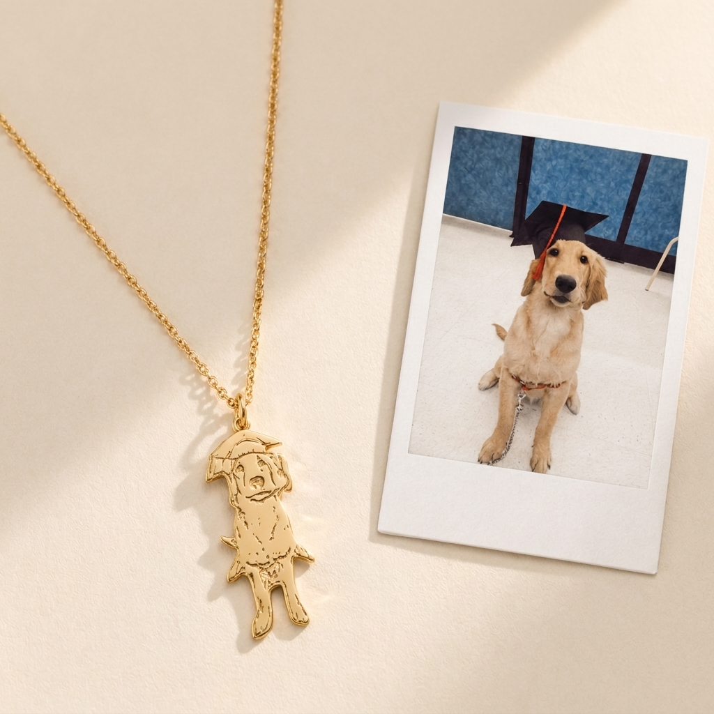 Custom Pet Necklace hero photo - gold pet silhouette pendant with reference photo on cream background Anthology Jewelry