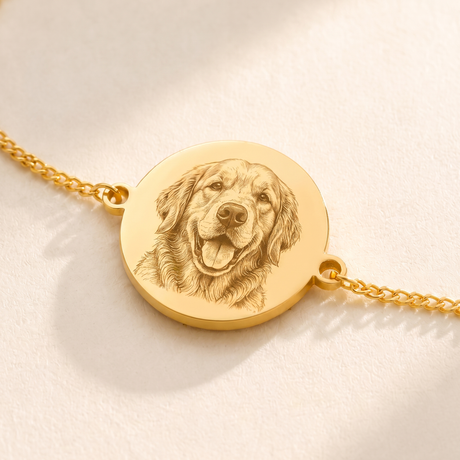 Custom Pet Portrait Bracelet detail photo - macro close-up of engraved golden retriever portrait disc Anthology Jewelry