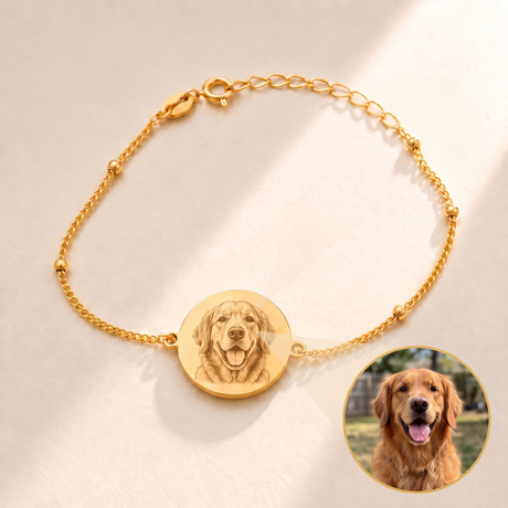 Custom Pet Portrait Bracelet hero photo - gold round golden retriever portrait bracelet with source photo inset Anthology Jewelry