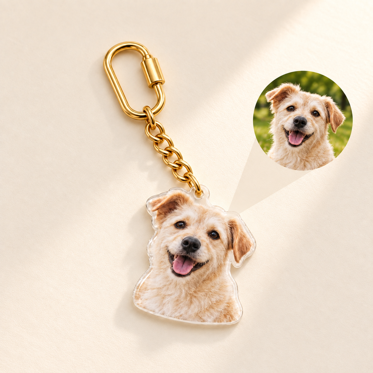 Custom Photo Bag Charm & Keychain hero photo - gold dog photo charm with circular source-photo inset on pale ivory Anthology Jewelry