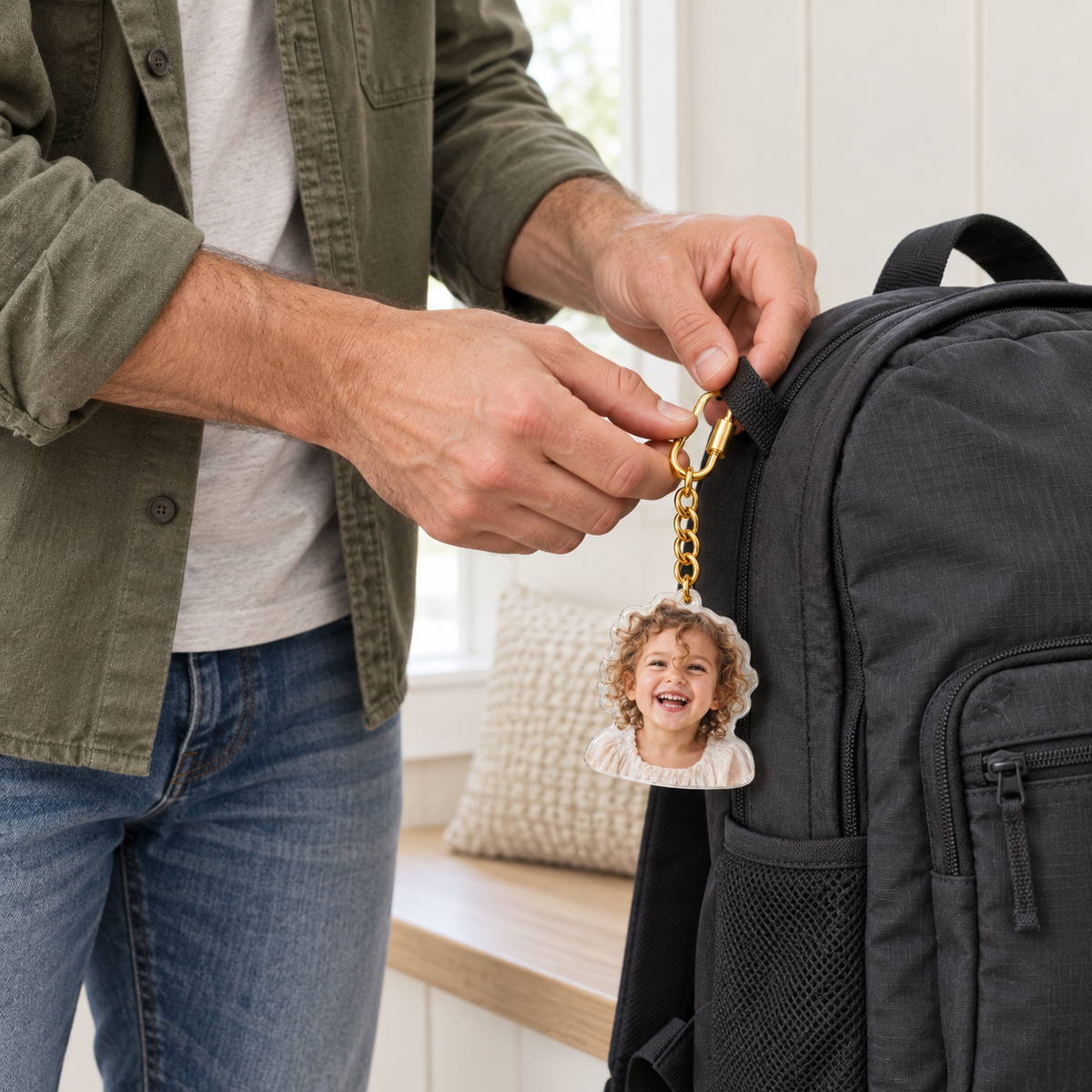 Father clipping a custom child photo charm to a nylon backpack