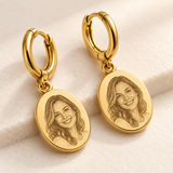 Custom Photo Engraved Oval Drop Earrings detail photo - close-up of engraved portrait on oval charm Anthology Jewelry