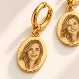 Custom Photo Engraved Oval Drop Earrings detail photo - macro closeup of engraved portrait on gold oval charm Anthology Jewelry