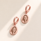Custom Photo Engraved Oval Drop Earrings hero photo - rose gold oval drop earrings with engraved portrait charms Anthology Jewelry