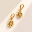 Custom Photo Engraved Oval Drop Earrings hero photo - gold oval drop earrings with engraved portrait charms Anthology Jewelry