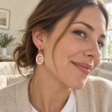 Custom Photo Engraved Oval Drop Earrings UGC photo - candid selfie wearing rose gold oval drop earring Anthology Jewelry