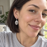 Custom Photo Engraved Oval Drop Earrings UGC photo - candid selfie wearing silver oval drop earring Anthology Jewelry