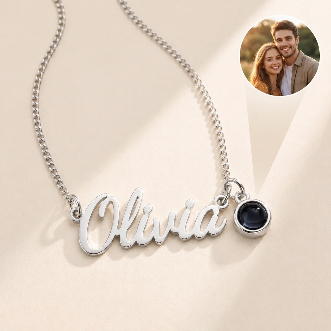 Custom Photo Handwriting Necklace detail photo - alternate angle of pendant engraving Anthology Jewelry