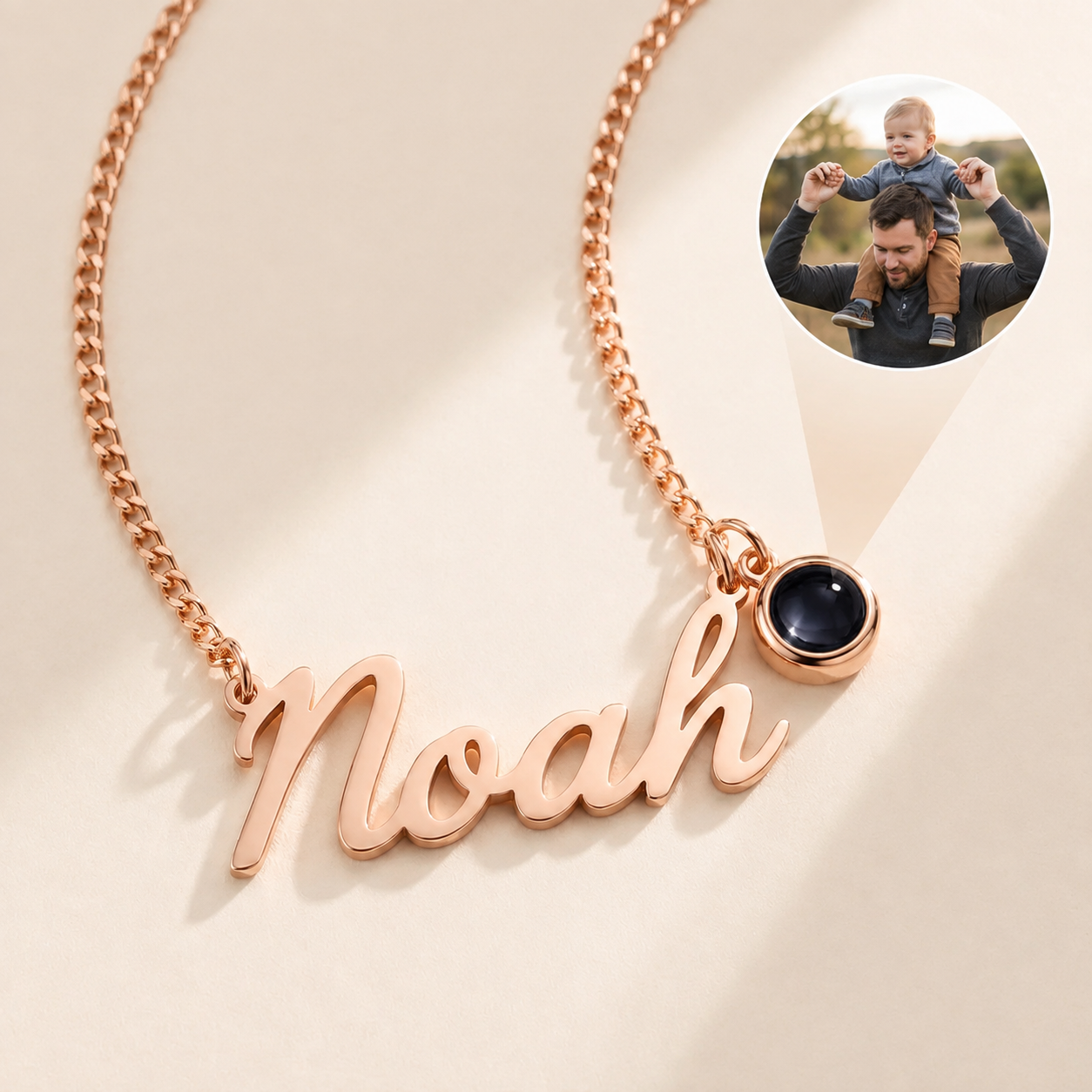 Custom Photo Handwriting Necklace detail photo - styled pendant with photo and signature Anthology Jewelry