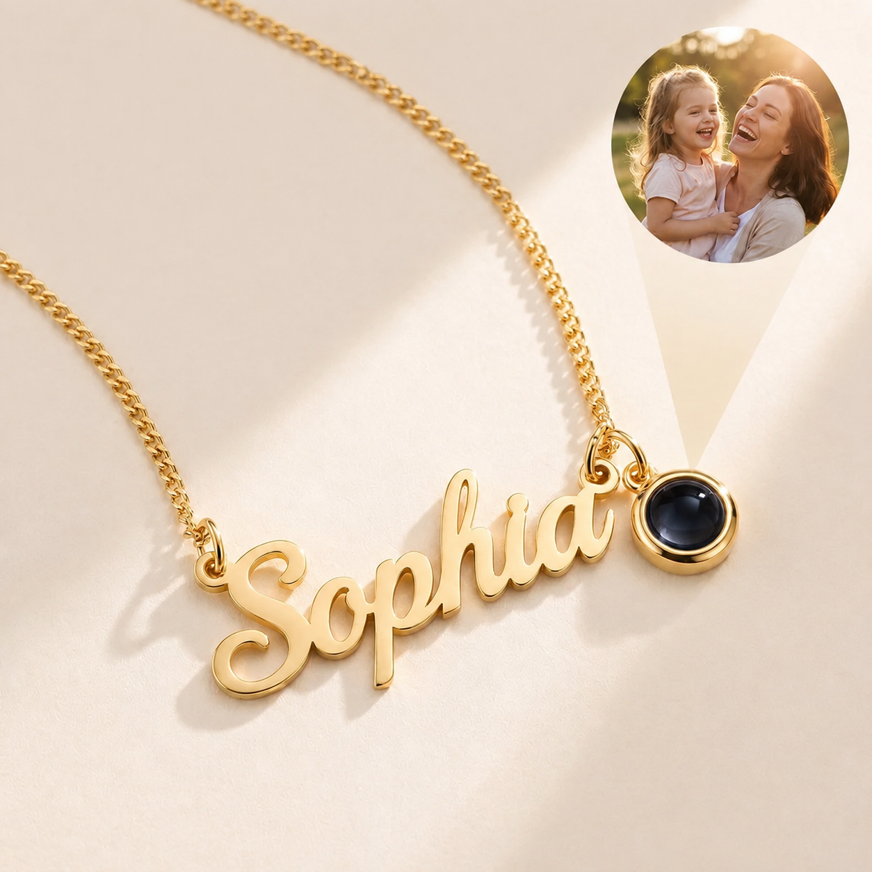 Custom Photo Handwriting Necklace detail photo - close-up of photo and handwriting engraving Anthology Jewelry