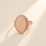 Custom Photo Locket Ring hero photo - rose gold oval hinged locket ring with pave crystal border and blank polished face Anthology Jewelry