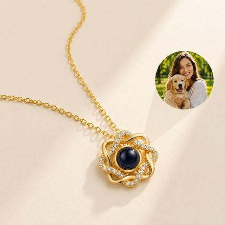 Custom Photo Necklace Flower Pendant hero photo - gold flower pendant with photo projection stone on cream background Anthology Jewelry