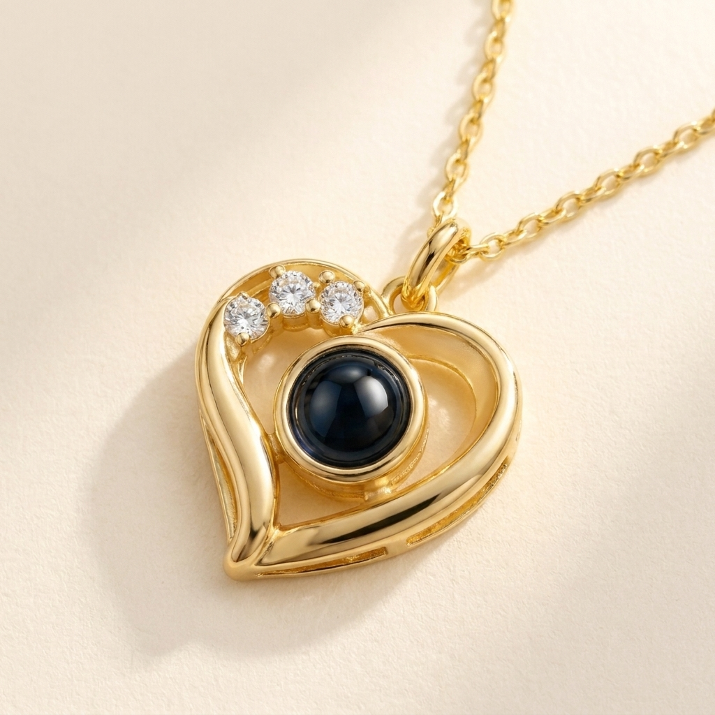 Custom Photo Necklace Heart Pendant detail photo - close-up of crystals and photo projection stone Anthology Jewelry