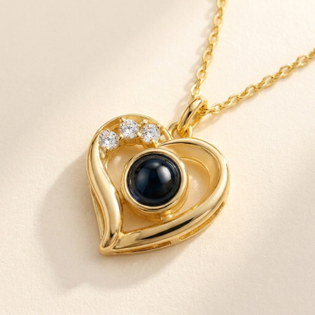 Custom Photo Necklace Heart Pendant detail photo - close-up of crystals and photo projection stone Anthology Jewelry