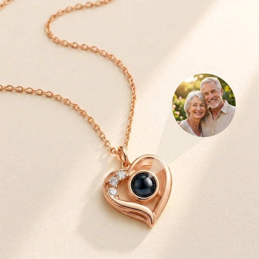 Custom Photo Necklace Heart Pendant hero photo - rose gold heart pendant with photo projection stone Anthology Jewelry
