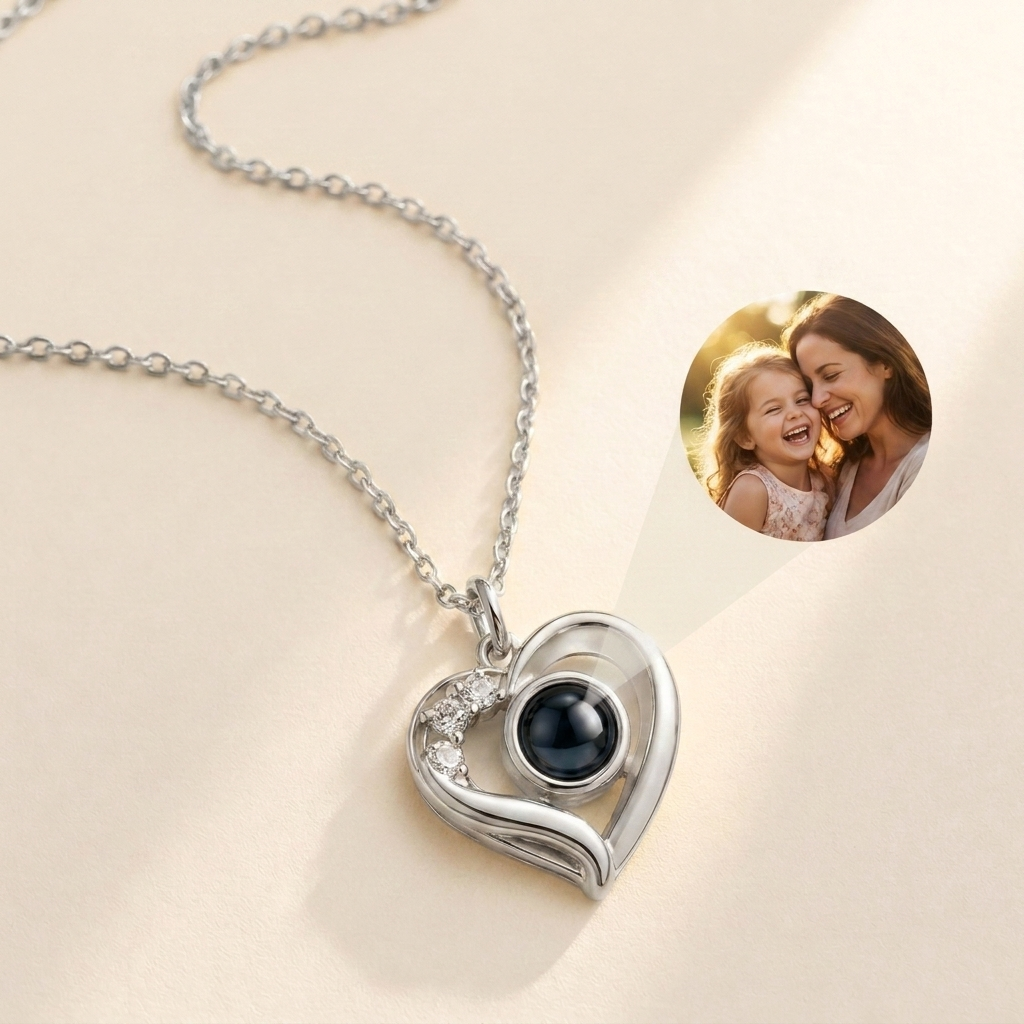 Custom Photo Necklace Heart Pendant hero photo - sterling silver heart pendant with photo projection stone Anthology Jewelry