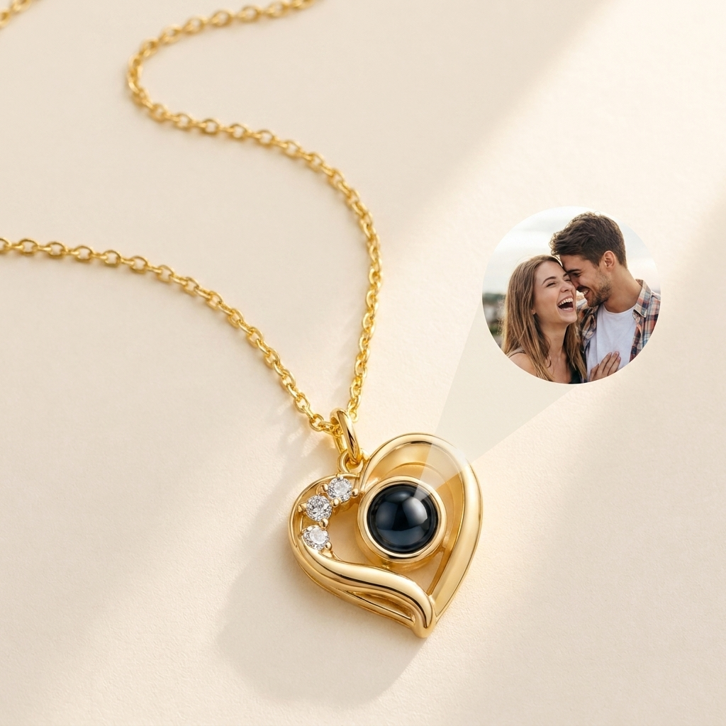 Custom Photo Necklace Heart Pendant hero photo - gold heart pendant with photo projection stone on cream background Anthology Jewelry