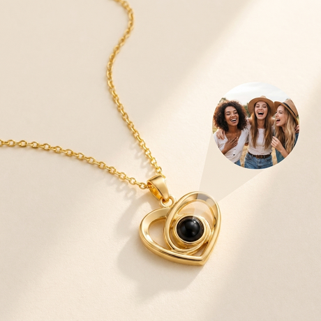 Custom Photo Necklace Infinity Heart Pendant hero photo - gold double heart pendant with photo projection stone on cream background Anthology Jewelry