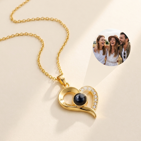 Custom Photo Necklace Open Heart hero photo - gold open heart pendant with photo projection stone on cream background Anthology Jewelry