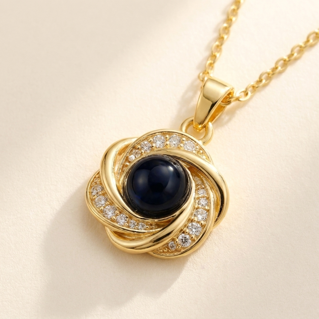 Custom Photo Necklace Swirl Knot Pendant detail photo - close-up of love-knot loops and photo projection stone Anthology Jewelry