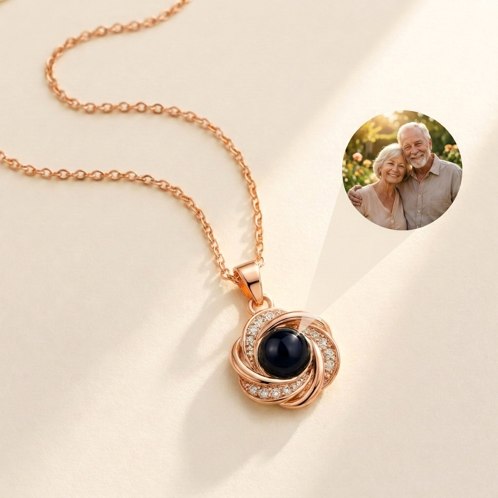 Custom Photo Necklace Swirl Knot Pendant hero photo - rose gold love-knot pendant with photo projection stone Anthology Jewelry