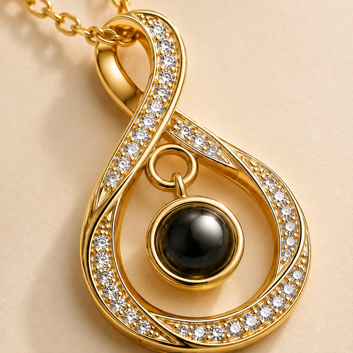 Custom Photo Necklace Teardrop Infinity Pendant detail photo - close-up of teardrop infinity pendant and photo projection stone Anthology Jewelry