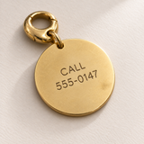 Custom Portrait Pet Tag back detail photo - contact engraving on gold tag Anthology Jewelry