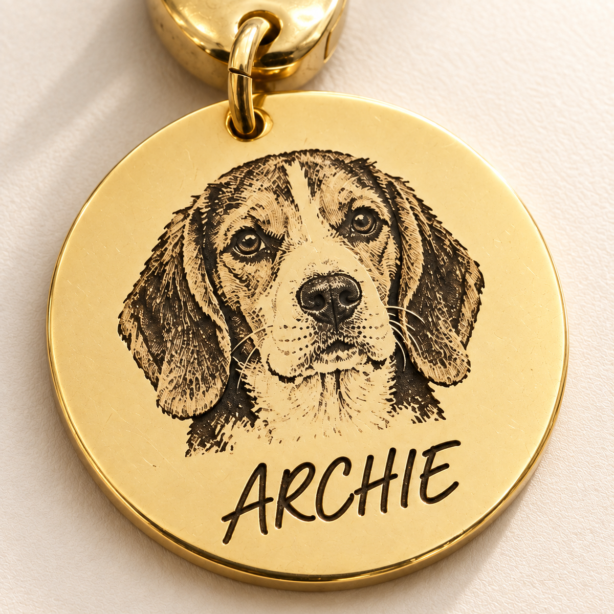Custom Portrait Pet Tag detail photo - ARCHIE pet portrait engraving and rounded snap clasp Anthology Jewelry