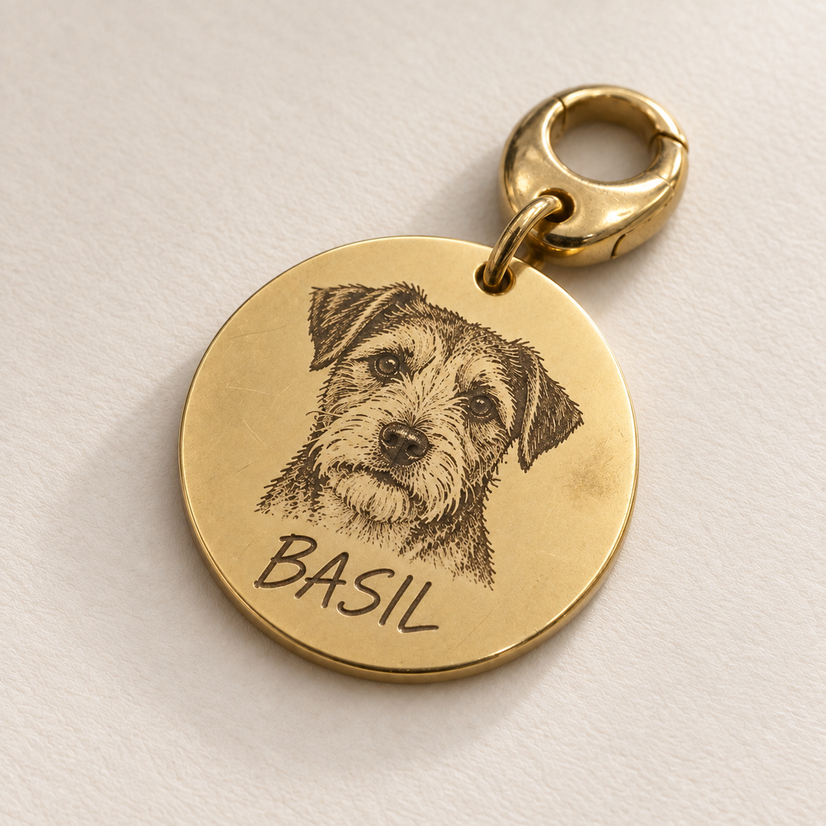 Custom Portrait Pet Tag glamour photo - gold BASIL portrait tag on ivory surface Anthology Jewelry
