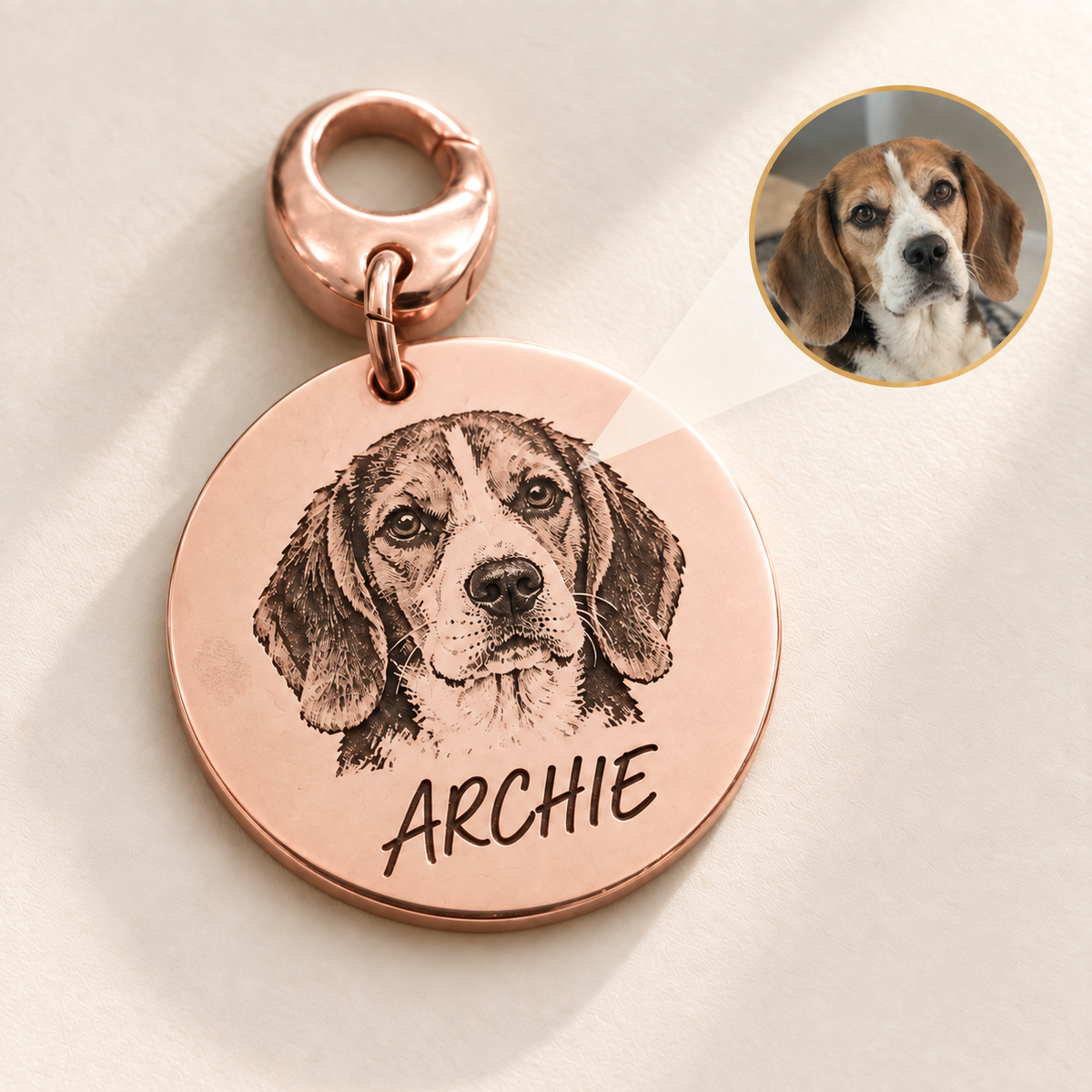 Custom Portrait Pet Tag Rose Gold hero photo - ARCHIE portrait tag with source photo inset Anthology Jewelry