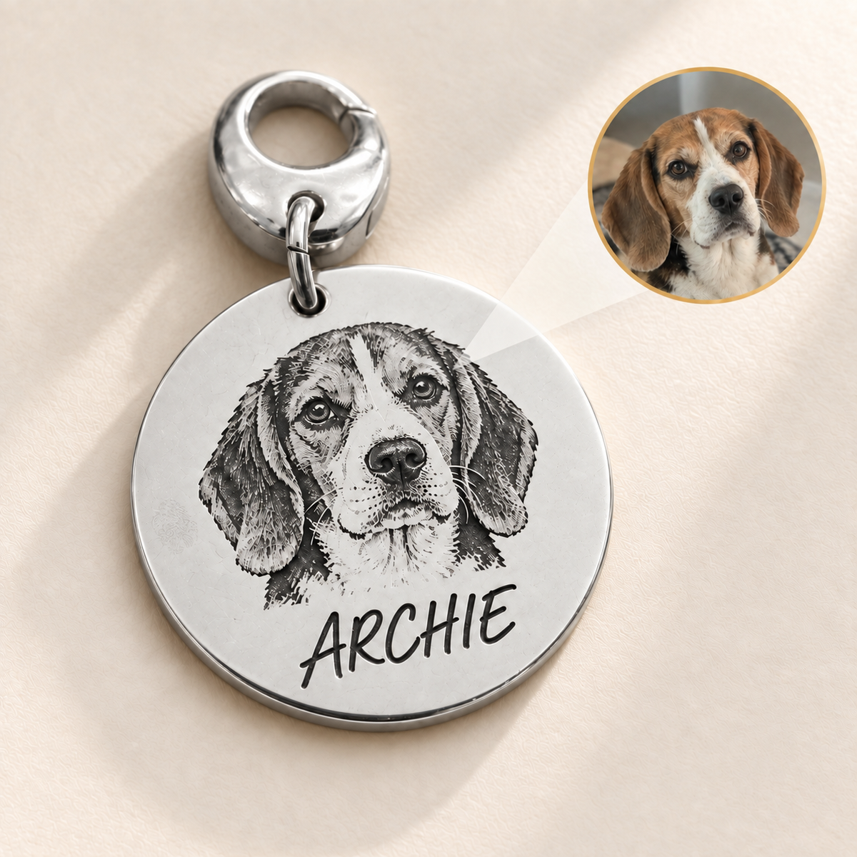 Custom Portrait Pet Tag Silver hero photo - ARCHIE portrait tag with source photo inset Anthology Jewelry