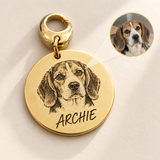 Custom Portrait Pet Tag hero photo - gold ARCHIE portrait tag with source photo inset Anthology Jewelry