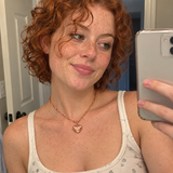 Custom Puffy Heart Necklace UGC-style photo - rose gold finish with EVE personalization Anthology Jewelry