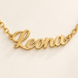 Custom Script Name Bracelet detail-1 photo - macro of Leona nameplate and connecting loops Anthology Jewelry
