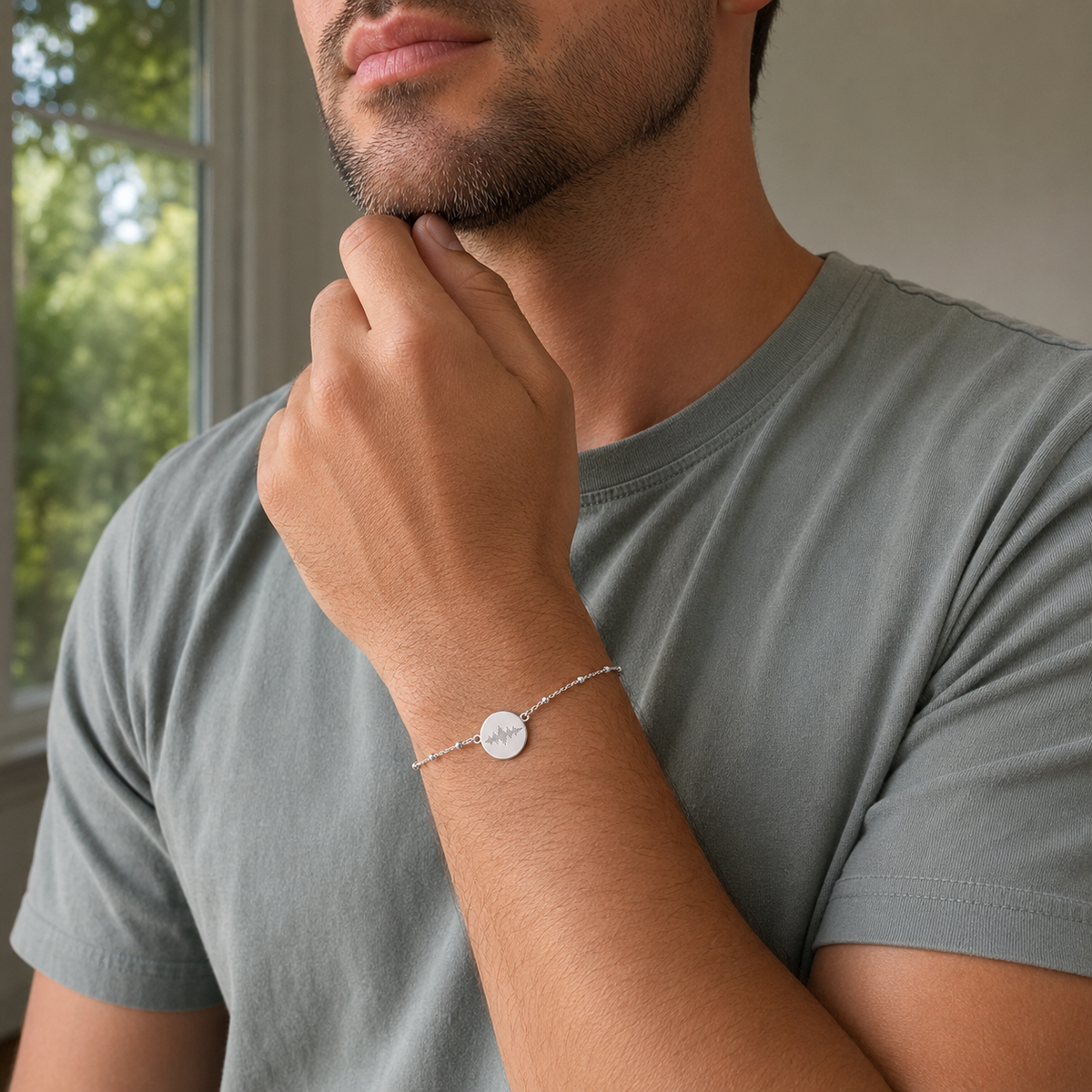 Custom Soundwave Bracelet, silver finish, men's lifestyle shot