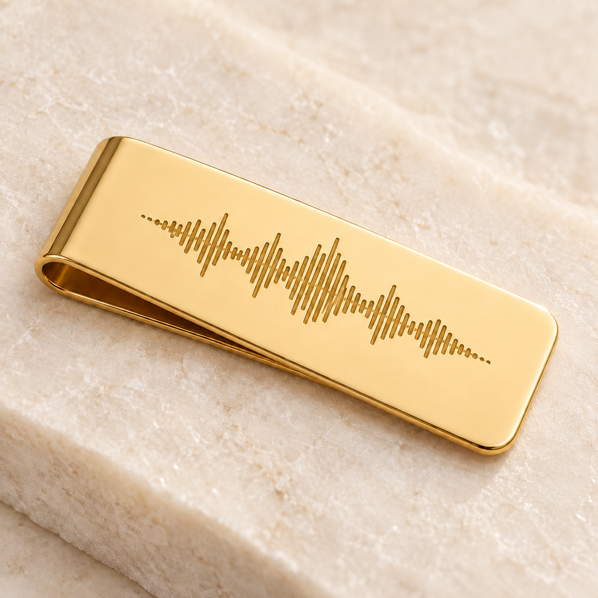Custom Soundwave Money Clip detail photo - macro closeup of engraved soundwave on gold money clip Anthology Jewelry