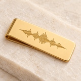 Custom Soundwave Money Clip detail photo - macro closeup of engraved soundwave on gold money clip Anthology Jewelry