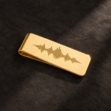 Custom Soundwave Money Clip glamour photo - gold money clip styled on dark leather surface Anthology Jewelry