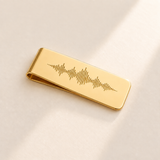 Custom Soundwave Money Clip hero photo - gold money clip with engraved soundwave Anthology Jewelry