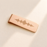 Custom Soundwave Money Clip hero photo - rose gold money clip with engraved soundwave Anthology Jewelry