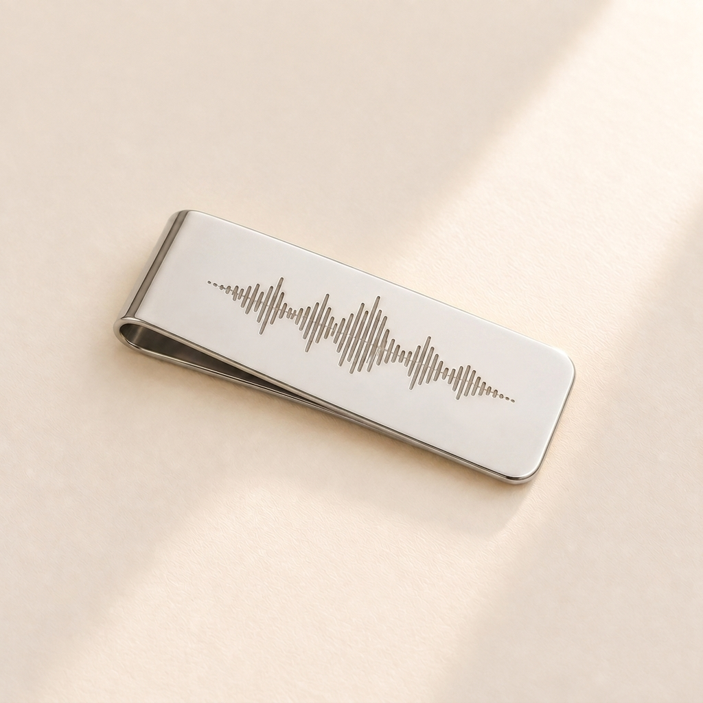 Custom Soundwave Money Clip hero photo - silver money clip with engraved soundwave Anthology Jewelry