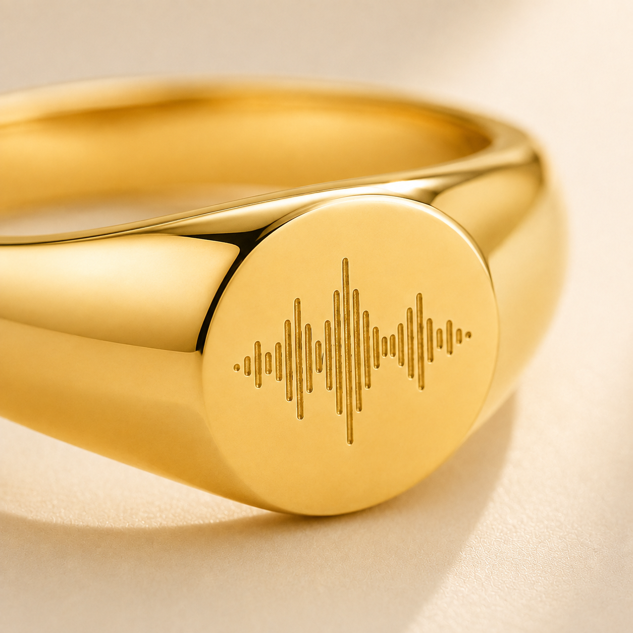 Custom Soundwave Ring Signet Style worn lifestyle photo - personalized soundwave ring Anthology Jewelry