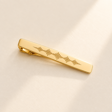 Custom Soundwave Tie Clip hero photo - gold tie clip with soundwave engraving Anthology Jewelry