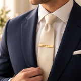 Custom Soundwave Tie Clip lifestyle 1 photo - gold soundwave tie clip worn with cream tie Anthology Jewelry