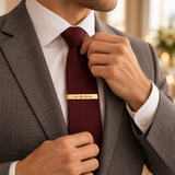 Custom Soundwave Tie Clip lifestyle 2 photo - soundwave tie clip worn with burgundy tie Anthology Jewelry