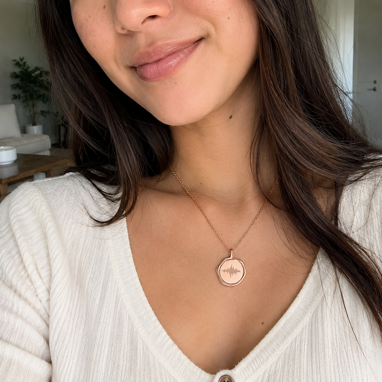 Custom stamp necklace rose gold soundwave engraving worn selfie - Anthology Jewelry Company