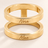 Custom Thin Double Ring detail photo - close view of handwritten names on thin gold bands Anthology Jewelry