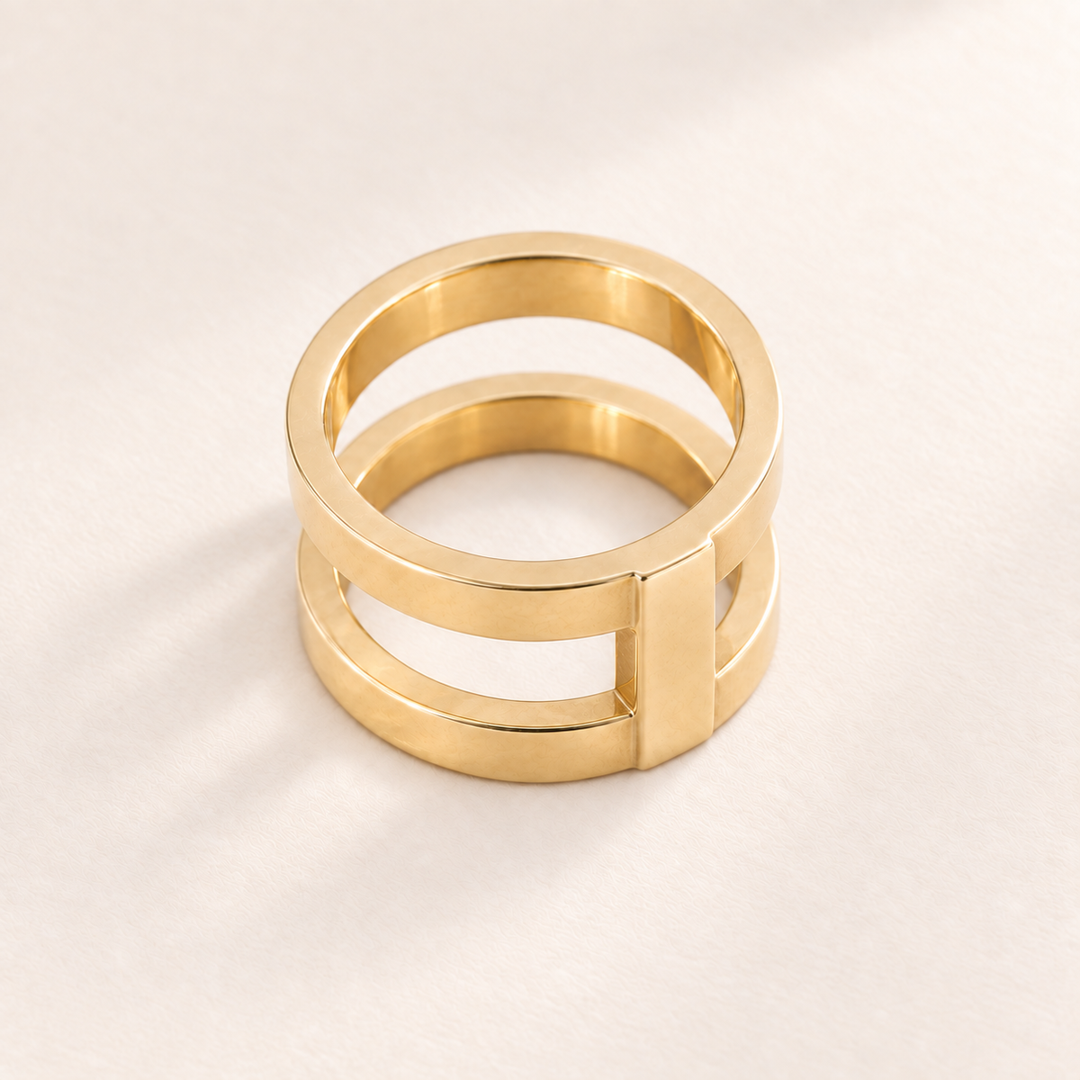 Custom Thin Double Ring glamour photo - gold double band ring showing rear connector and open interior Anthology Jewelry